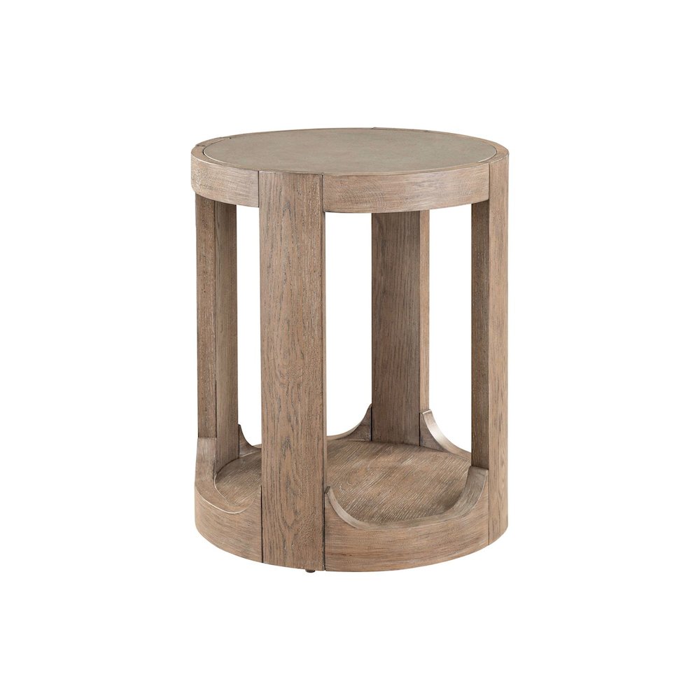 Round Chairside Table  with Stone Top Insert - Burnished Clay Oak Wood. Picture 1