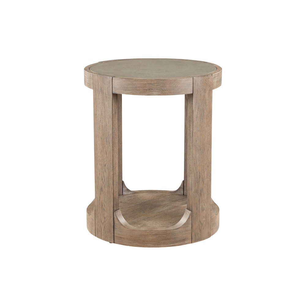 Round Chairside Table  with Stone Top Insert - Burnished Clay Oak Wood. Picture 3