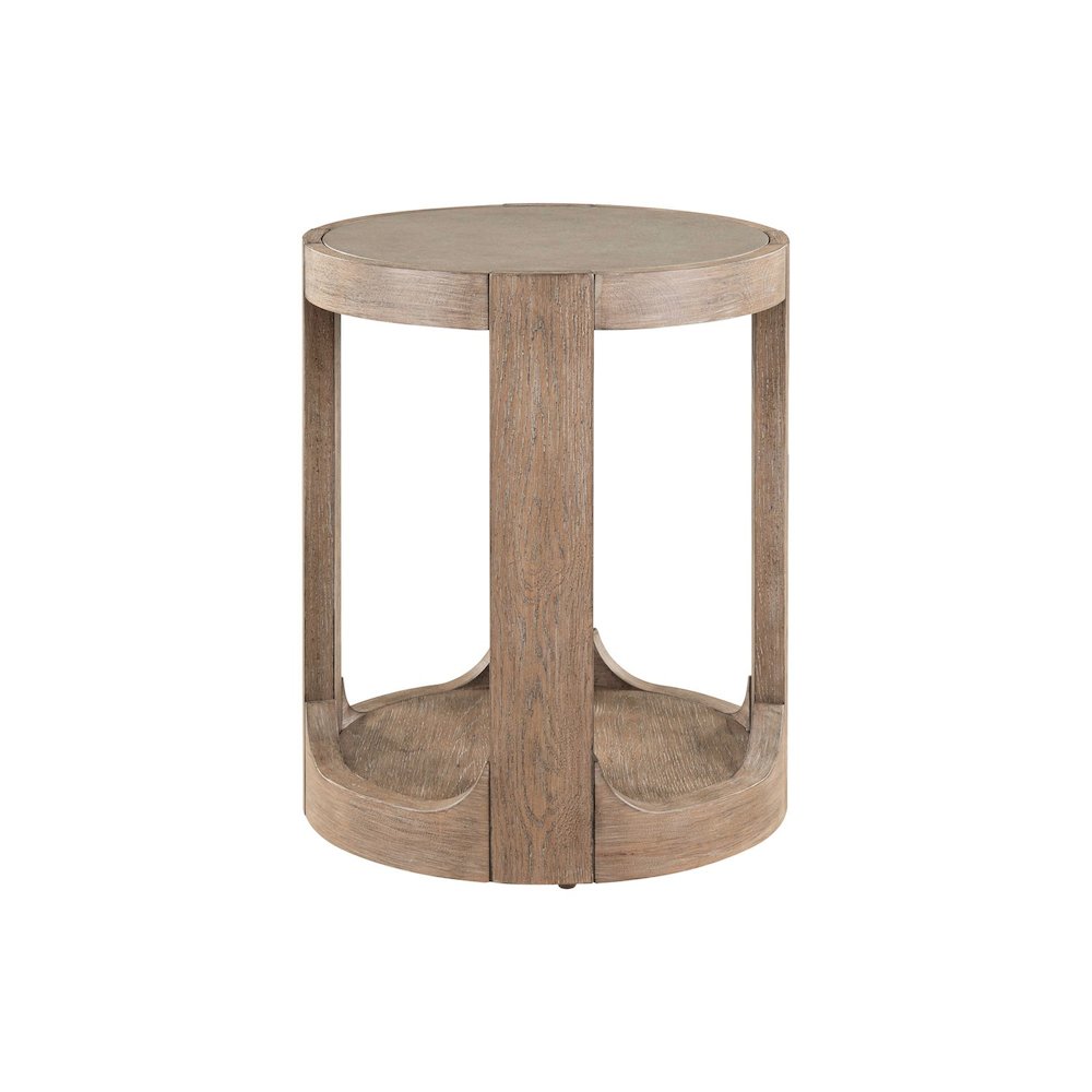 Round Chairside Table  with Stone Top Insert - Burnished Clay Oak Wood. Picture 4
