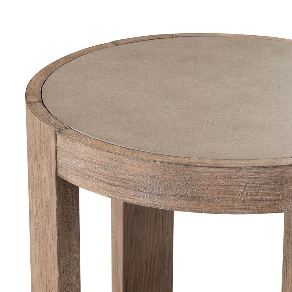 Round Chairside Table  with Stone Top Insert - Burnished Clay Oak Wood. Picture 6