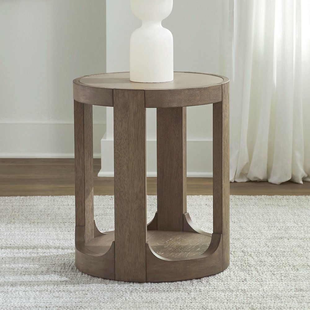 Round Chairside Table  with Stone Top Insert - Burnished Clay Oak Wood. Picture 2