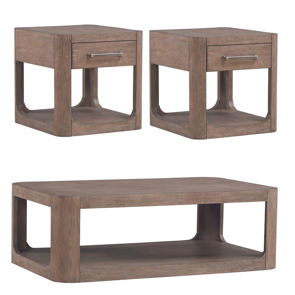 3 Piece Living Room Set Rectangular Cocktail Table, 2 End Tables - Clay Oak Wood. Picture 1