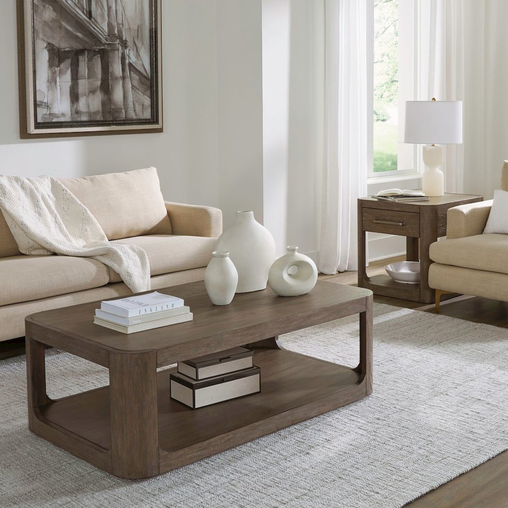 3 Piece Living Room Set Rectangular Cocktail Table, 2 End Tables - Clay Oak Wood. Picture 2