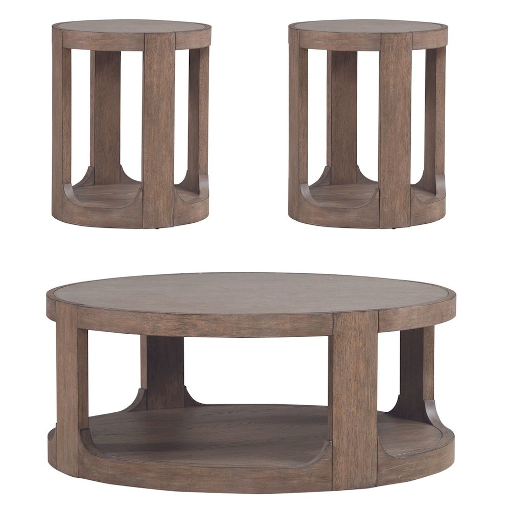 3 Piece Living Room Set Round Stone Cocktail Table, 2 End Tables - Clay Oak Wood. Picture 1