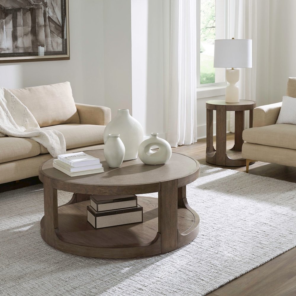 3 Piece Living Room Set Round Stone Cocktail Table, 2 End Tables - Clay Oak Wood. Picture 2