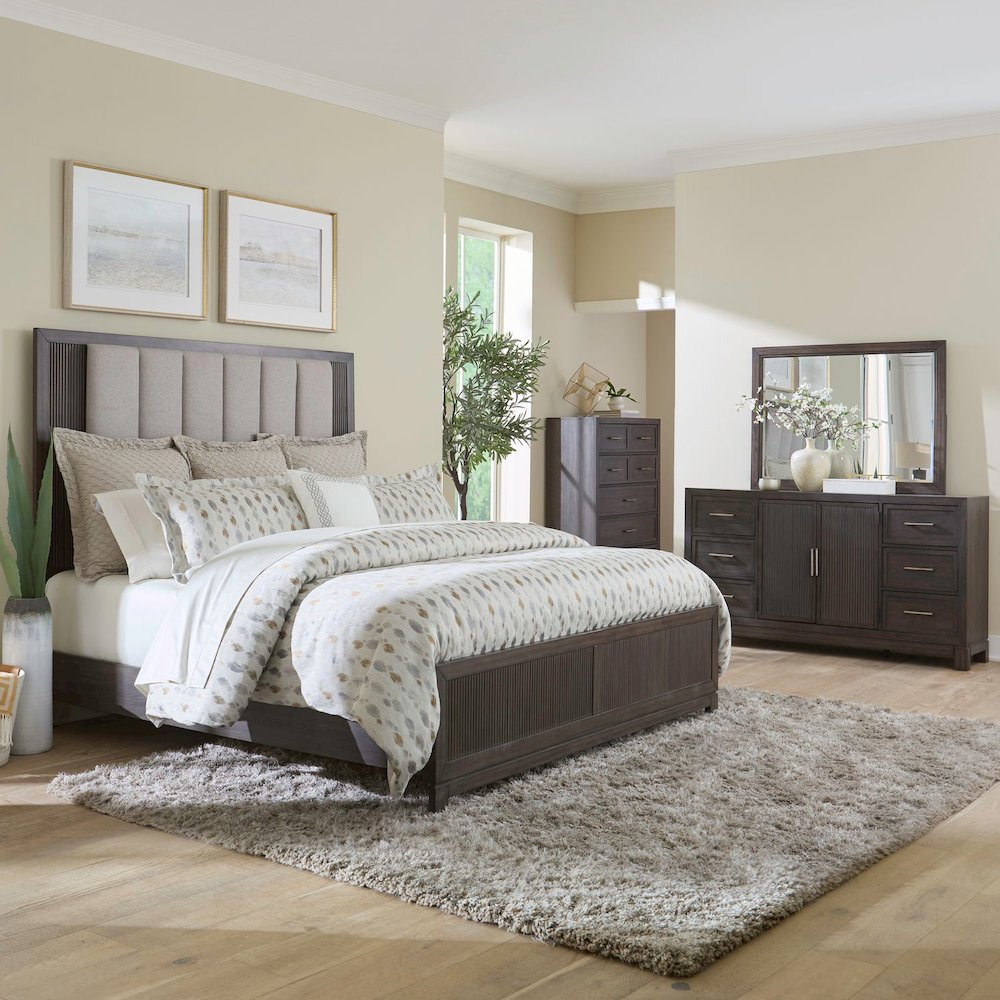 Modern Edge Queen Upholstered Bed, Dresser & Mirror, Chest Bedroom Set - Caffe. Picture 8