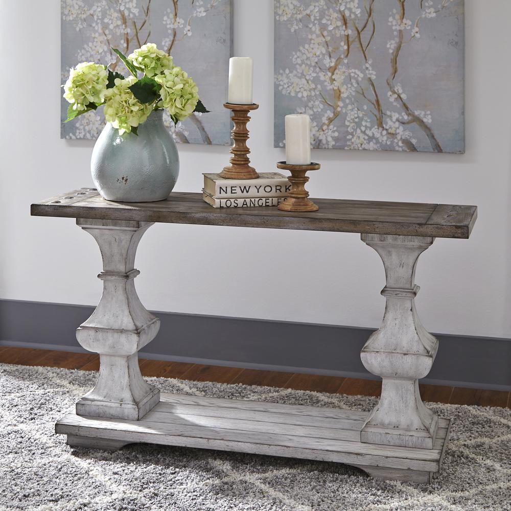 Sedona Sofa Table in Heavy Distressed White w/ Gravel Top. Picture 1