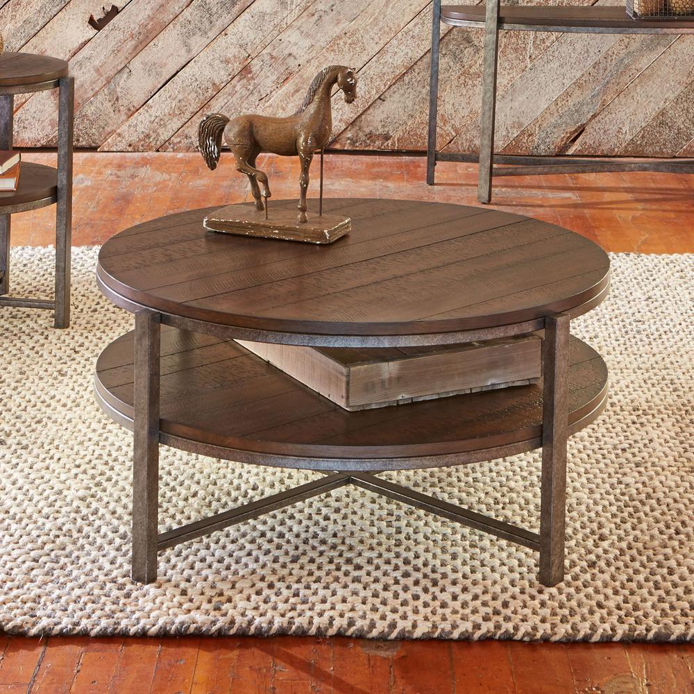 Breckinridge Round Cocktail Table in Mahogany Spice w/ Pewter Metal. Picture 5