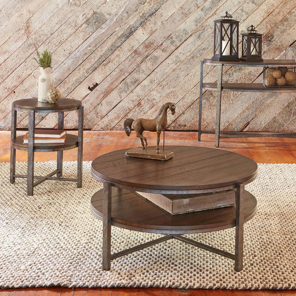 Breckinridge Round Cocktail Table in Mahogany Spice w/ Pewter Metal. Picture 6