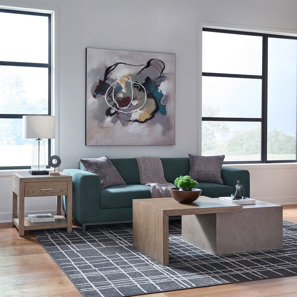 3 Pc Living Room Set, Faux Concrete Block Cocktail Table, 2 End Tables- Oak Wood. Picture 2