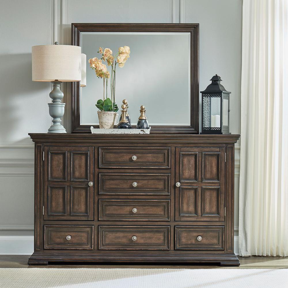 Big Valley Dresser & Mirror in Brownstone w/ Heavy Distressing. Picture 5