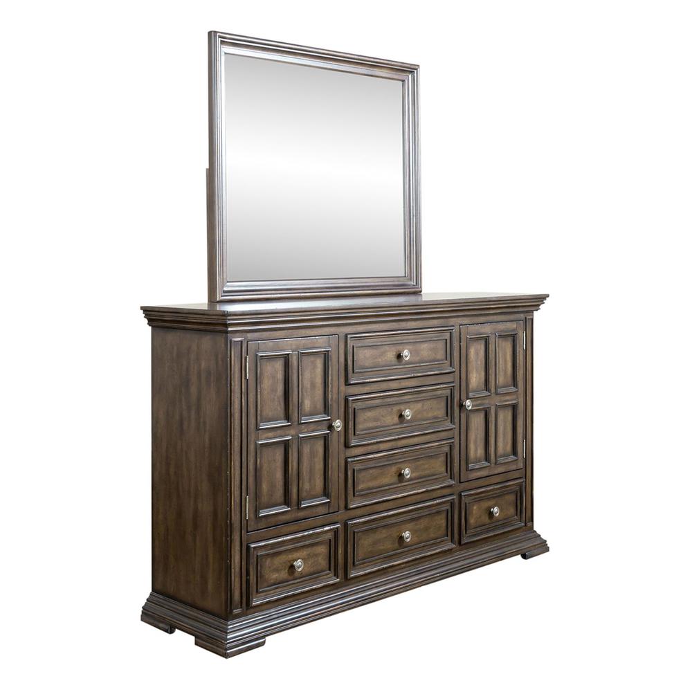 Big Valley Dresser & Mirror in Brownstone w/ Heavy Distressing. Picture 1