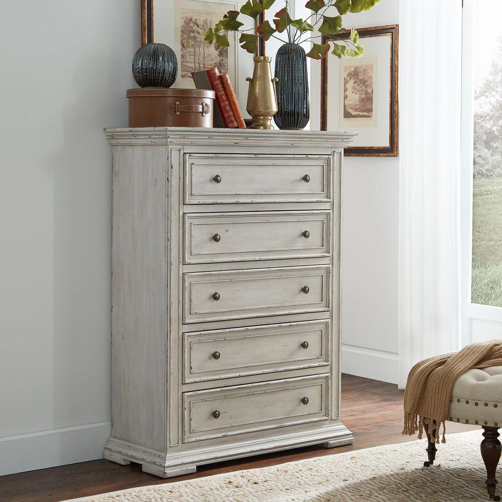 Big Valley 5 Drawer Chest in Whitestone w/ Heavy Distressing. Picture 1