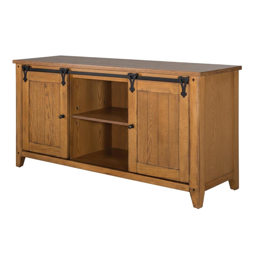 Rustic Oak TV Console with Solid and Manufactured Wood Construction. Picture 4