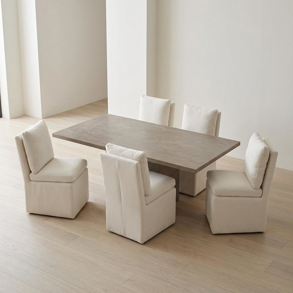 Solid Wood Upholstered Accent Dining Chair with Castors, Eclectic Style, White. Picture 4