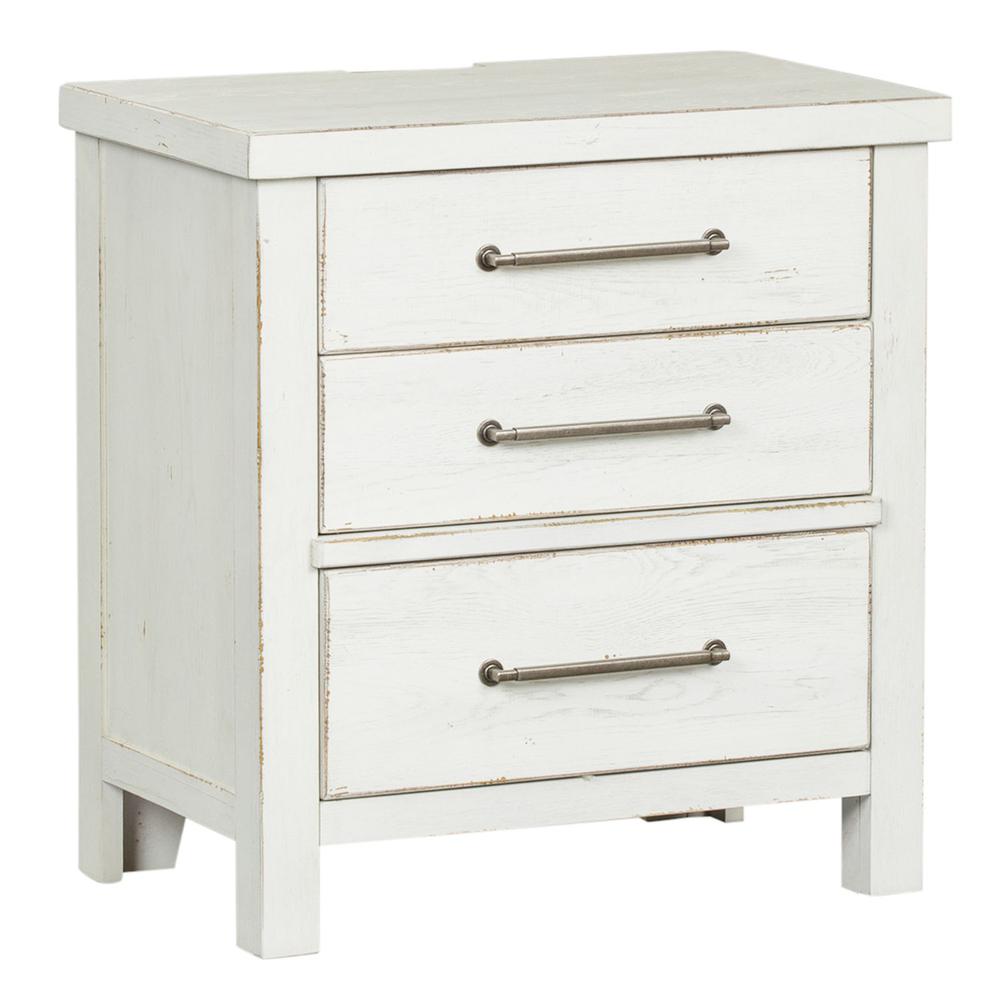 Modern Farmhouse 3 Drawer Night Stand in Flea Market White w/ Heavy Distressing. Picture 1