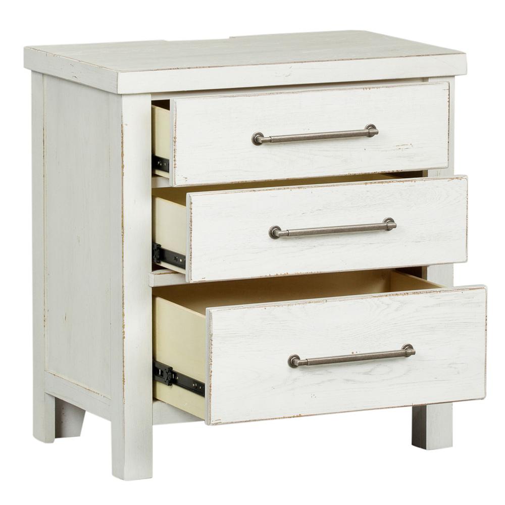 Modern Farmhouse 3 Drawer Night Stand in Flea Market White w/ Heavy Distressing. Picture 5