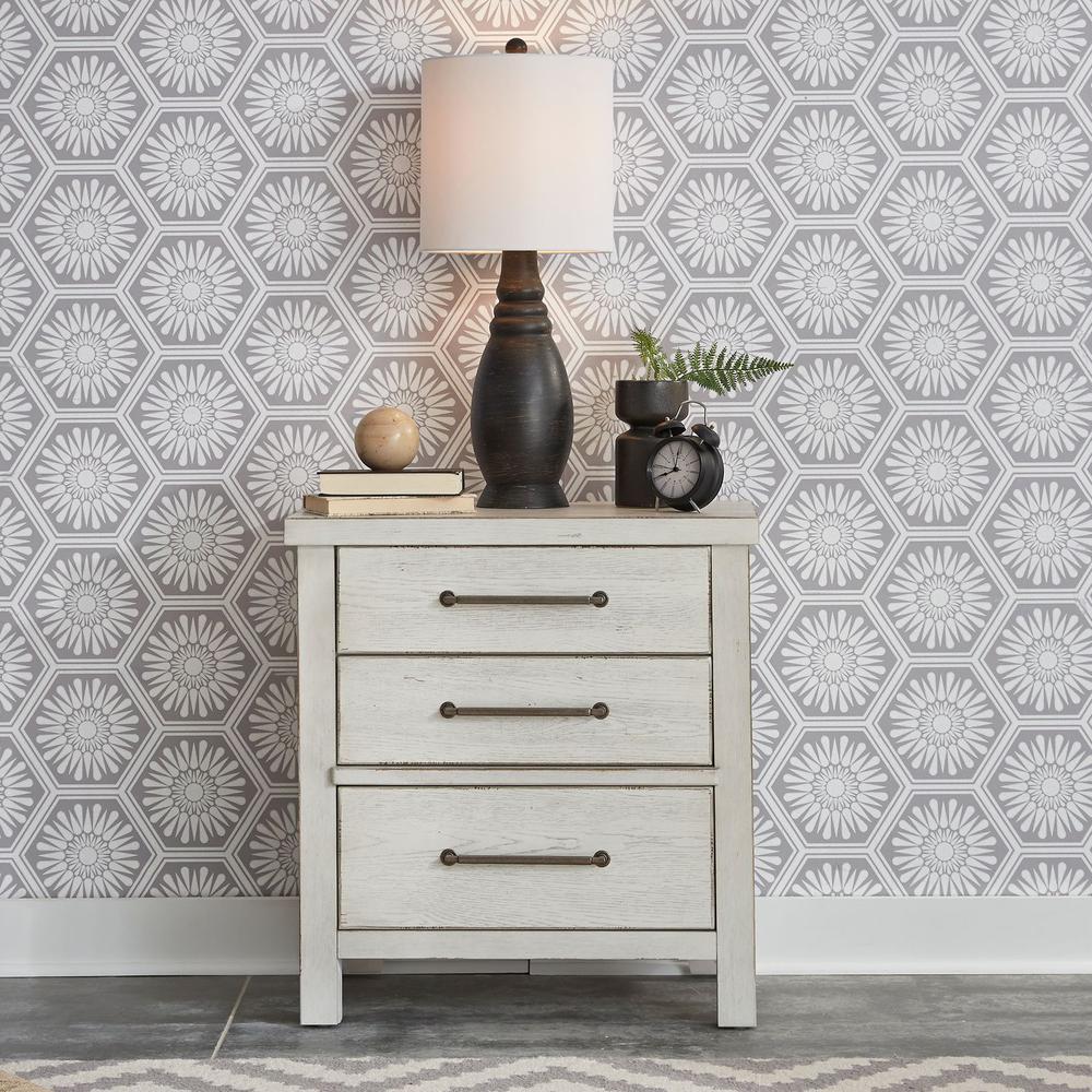 Modern Farmhouse 3 Drawer Night Stand in Flea Market White w/ Heavy Distressing. Picture 7