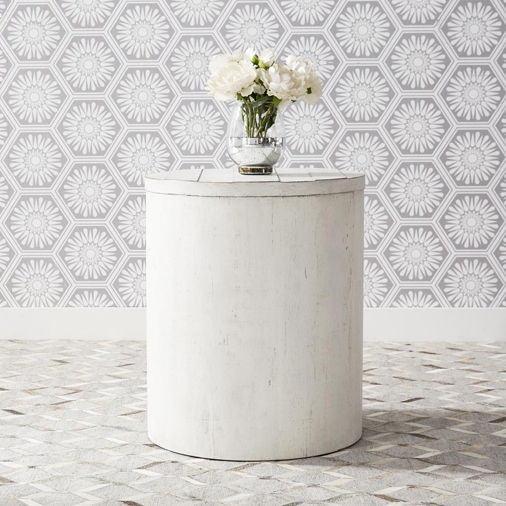 Modern Farmhouse Drum End Table in Flea Market White w/ Heavy Distressing. Picture 2