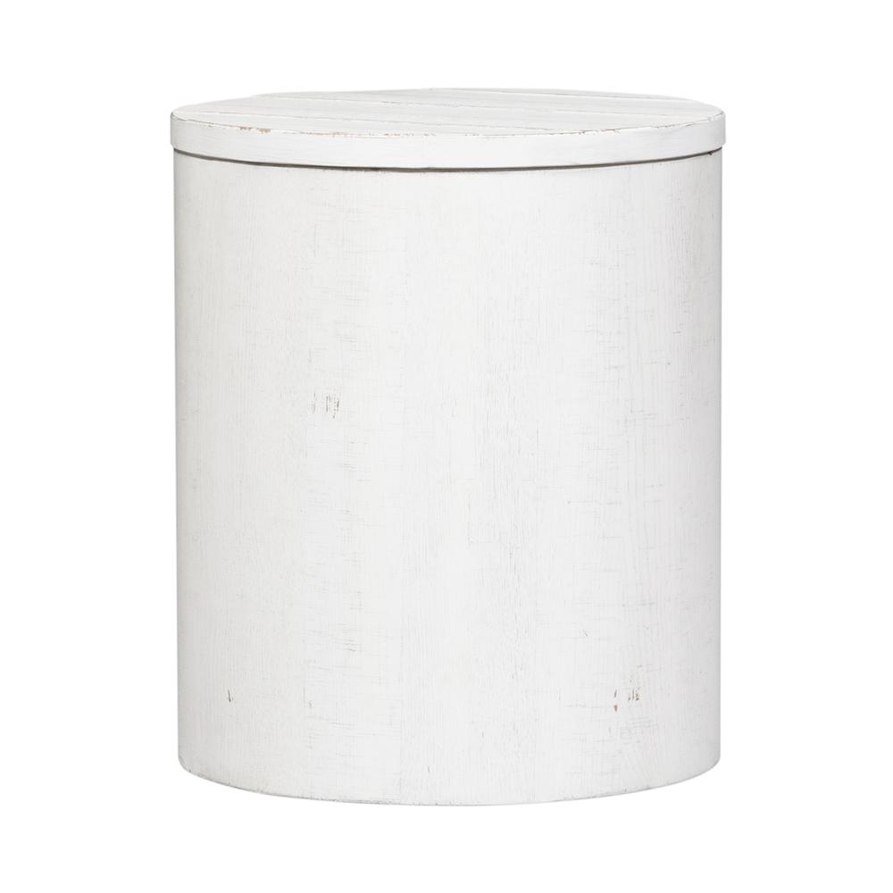 Modern Farmhouse Drum End Table in Flea Market White w/ Heavy Distressing. Picture 1