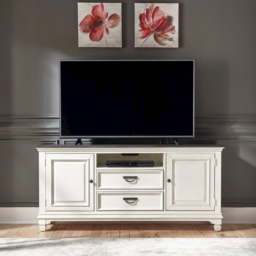 Allyson Park 66 Inch TV Console in Wirebrushed White w/ Charcoal Top. Picture 5