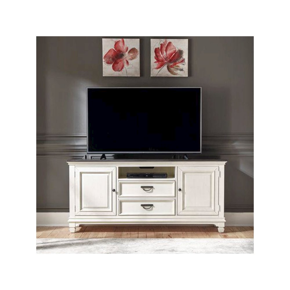 Allyson Park 66 Inch TV Console in Wirebrushed White w/ Charcoal Top. Picture 6