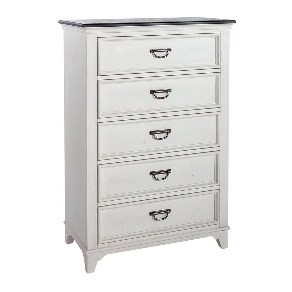 Allyson Park 5 Drawer Chest in Wirebrushed White w/ Charcoal Top. Picture 1