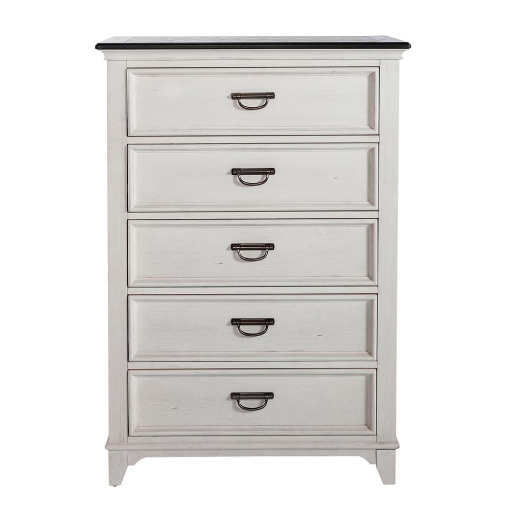 Allyson Park 5 Drawer Chest in Wirebrushed White w/ Charcoal Top. Picture 2