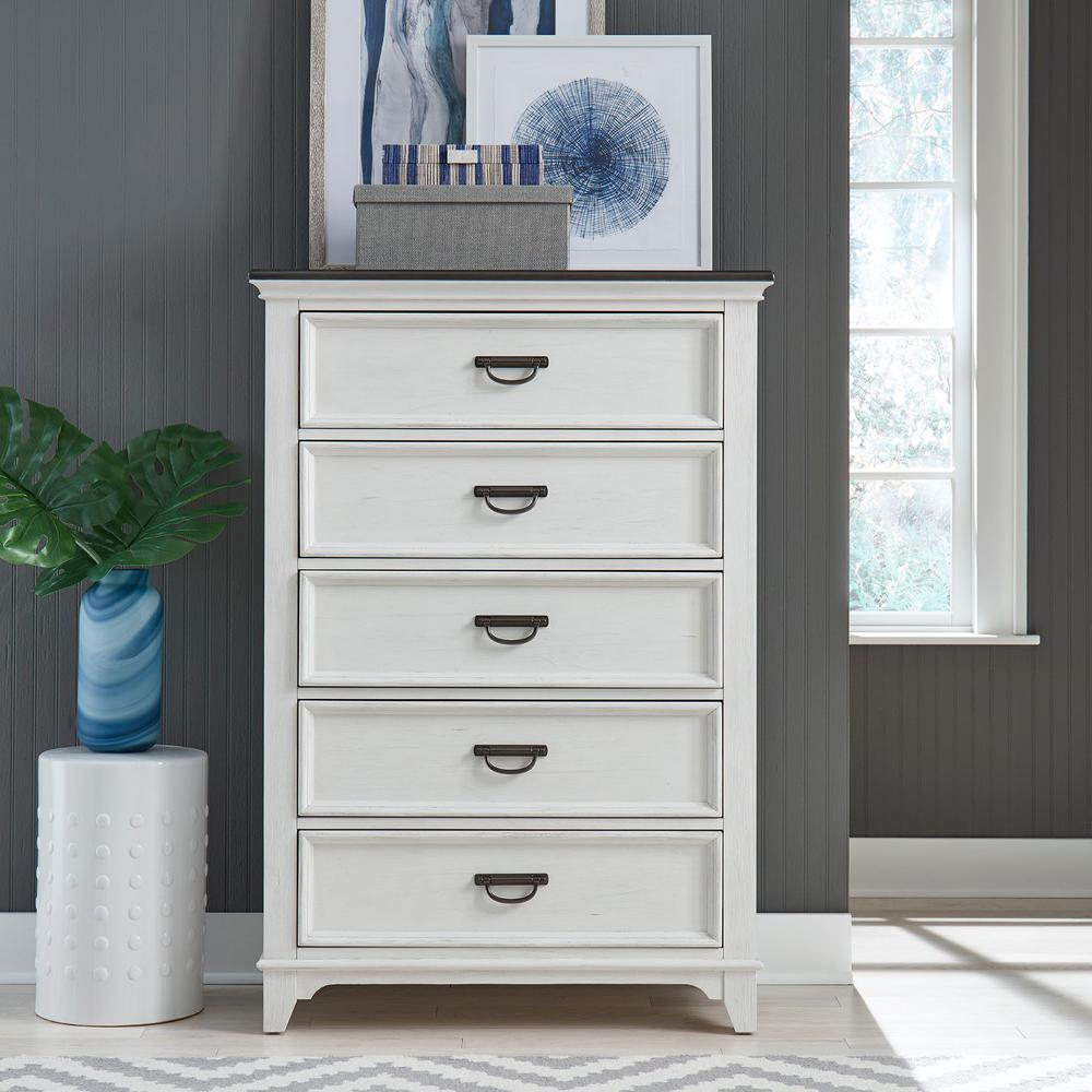 Allyson Park 5 Drawer Chest in Wirebrushed White w/ Charcoal Top. Picture 5