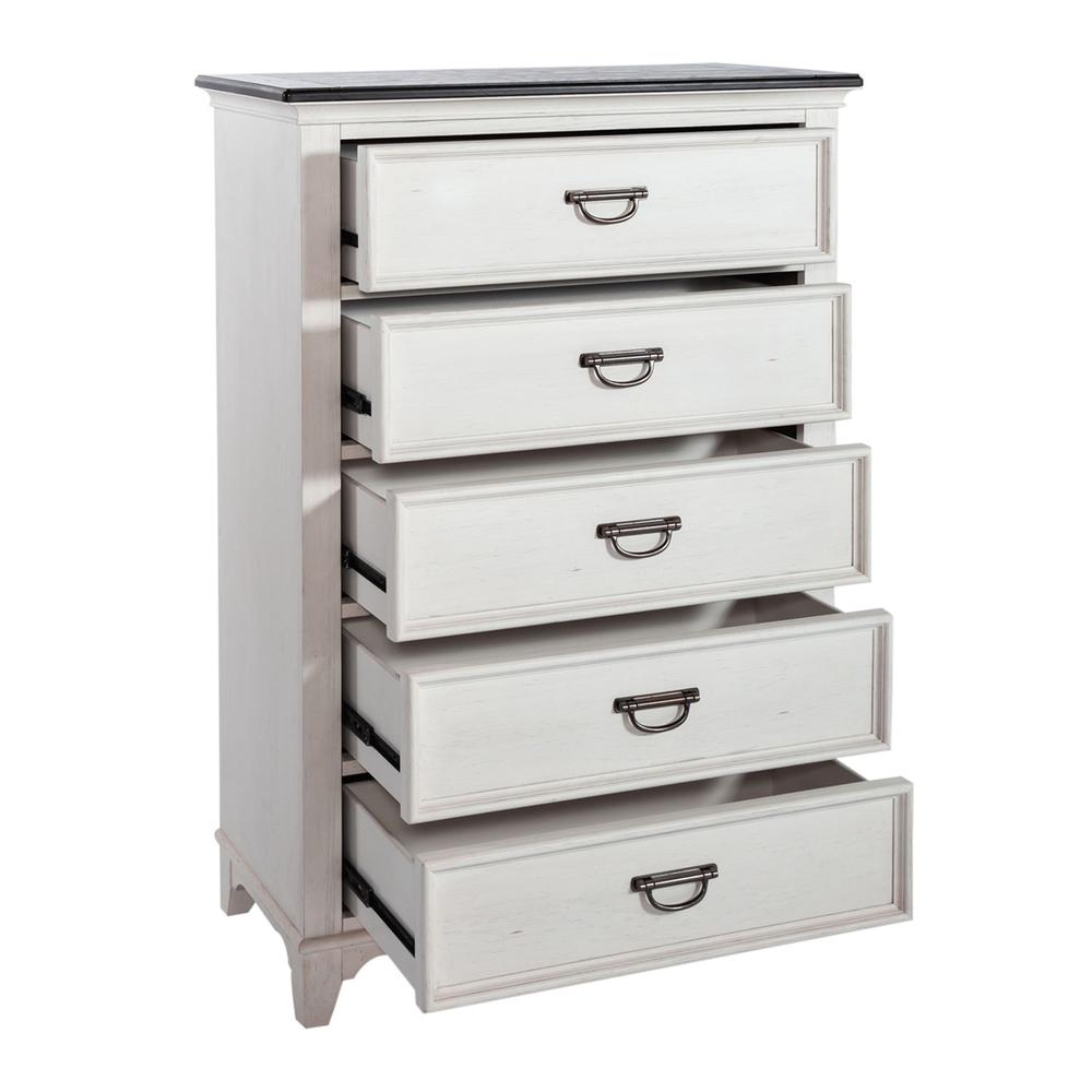 Allyson Park 5 Drawer Chest in Wirebrushed White w/ Charcoal Top. Picture 6