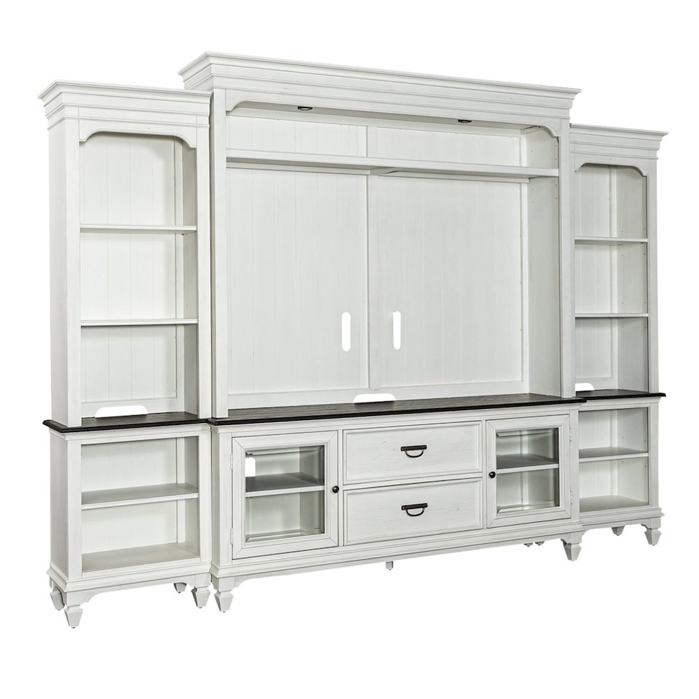 Entertainment Center with Piers - Wirebrushed White with Charcoal Tops. Picture 1