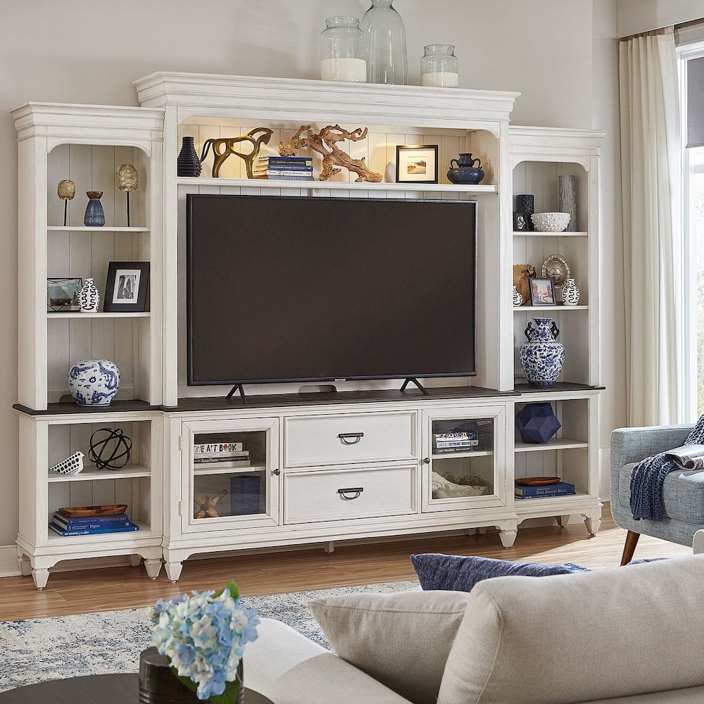 Entertainment Center with Piers - Wirebrushed White with Charcoal Tops. Picture 8