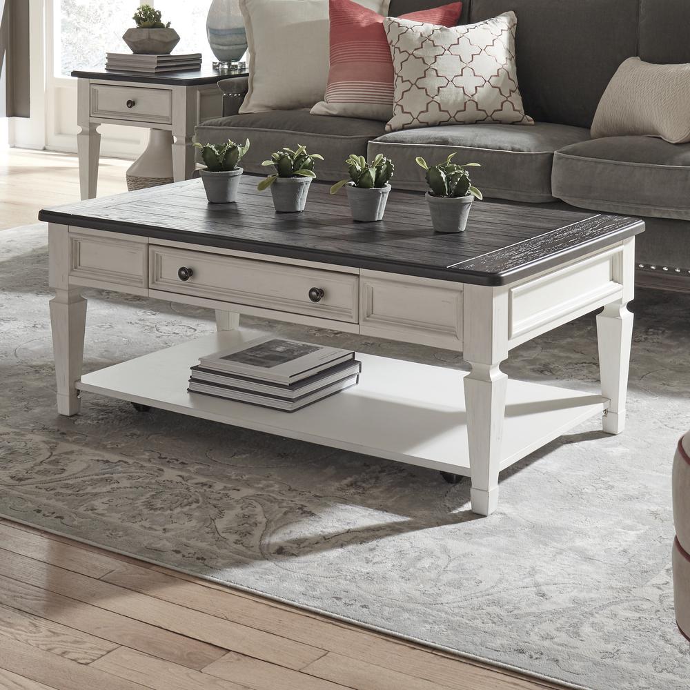 Allyson Park Rectangular Cocktail Table in Wirebrushed White w/ Charcoal Top. Picture 10