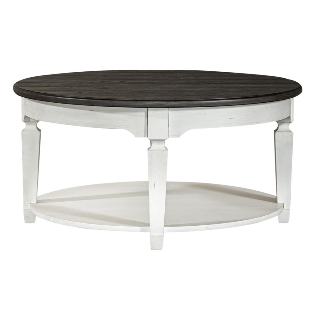 Allyson Park Round Cocktail Table in Wirebrushed White w/ Charcoal Top. Picture 3