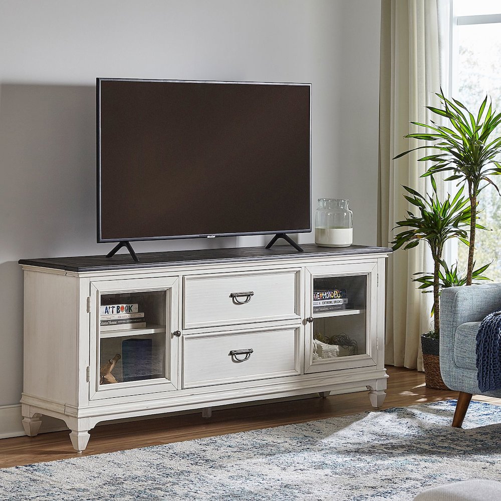 Entertainment Center with Piers - Wirebrushed White with Charcoal Tops. Picture 7