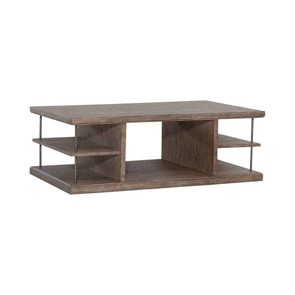 City Scape Metal Accent Oak Wood Cocktail Table for Living Room Burnished Beige. Picture 1