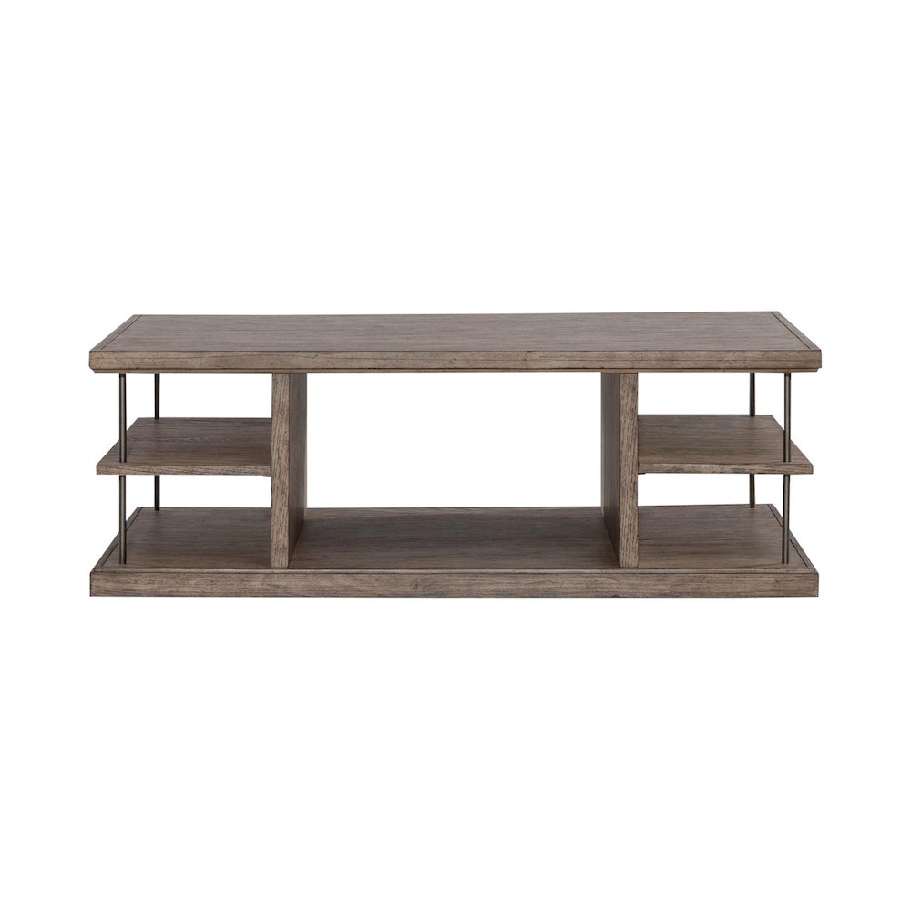 City Scape Metal Accent Oak Wood Cocktail Table for Living Room Burnished Beige. Picture 2