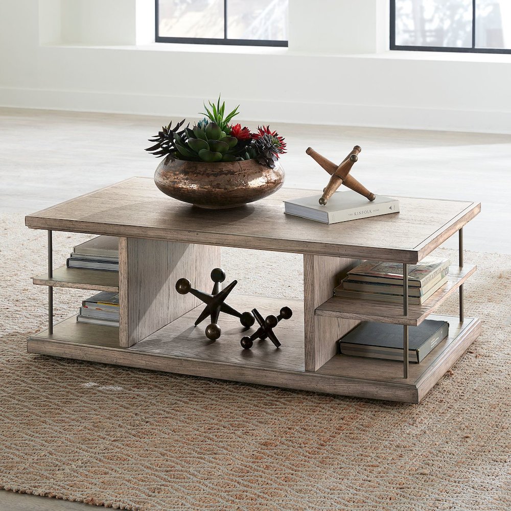 City Scape Metal Accent Oak Wood Cocktail Table for Living Room Burnished Beige. Picture 7