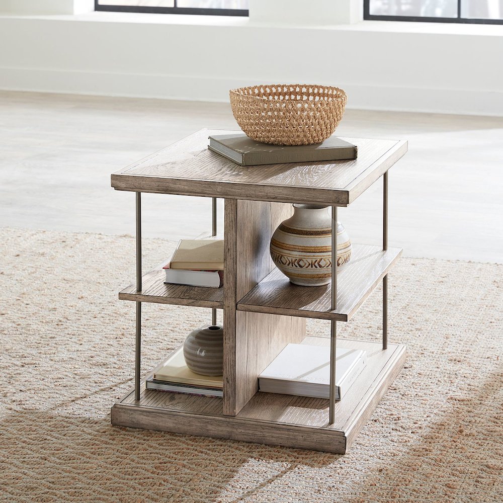 City Scape Metal Accent Oak Wood End Table for Living Room Burnished Beige. Picture 7