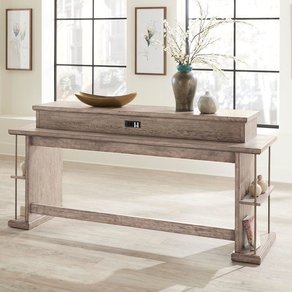 City Scape Metal Accent Oak Wood Console Bar Table for Living Room, Beige. Picture 9