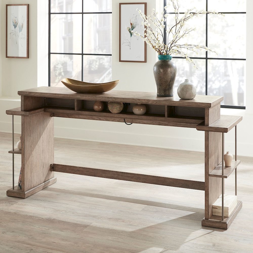 City Scape Metal Accent Oak Wood Console Bar Table for Living Room, Beige. Picture 10