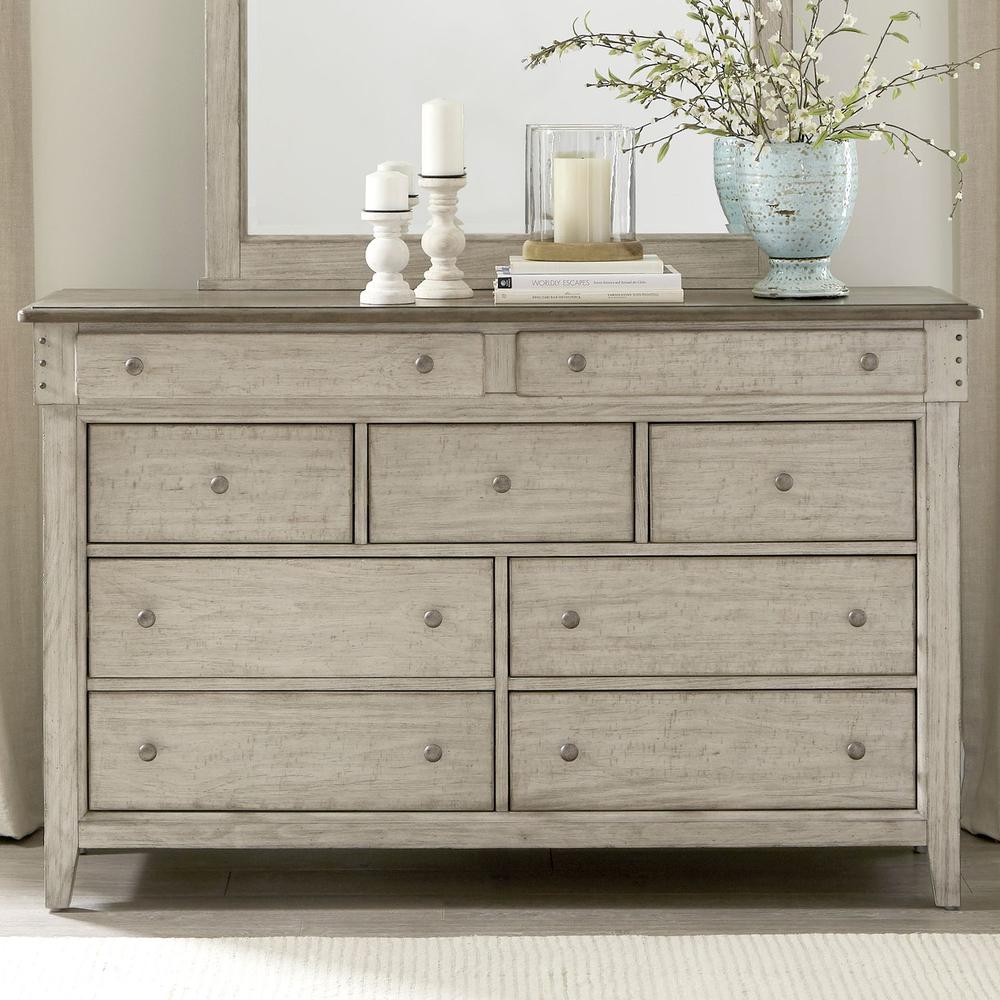 Ivy Hollow Dresser & Mirror in Weathered Linen Finish w/ Dusty Taupe Tops. Picture 2