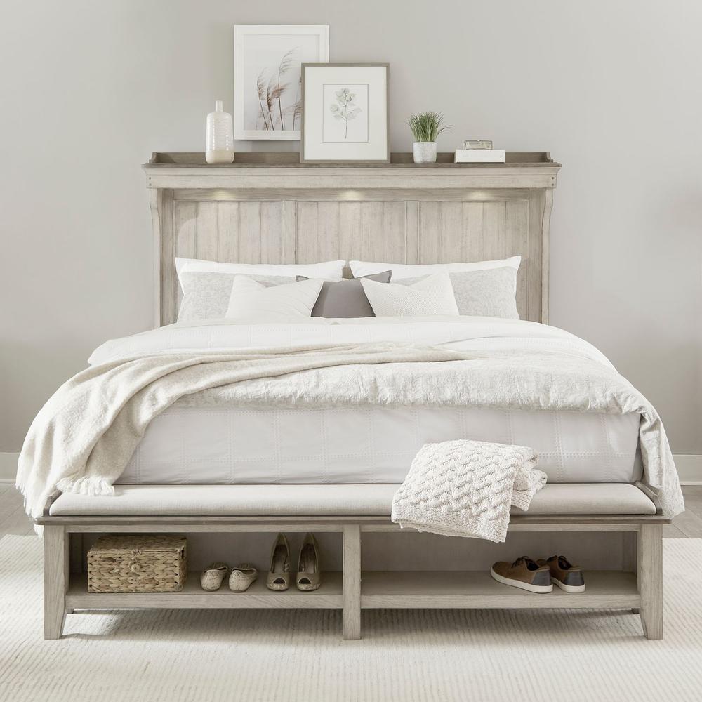 Ivy Hollow King Mantle Storage Bed in Weathered Linen Finish w/ Dusty Taupe Tops. Picture 1