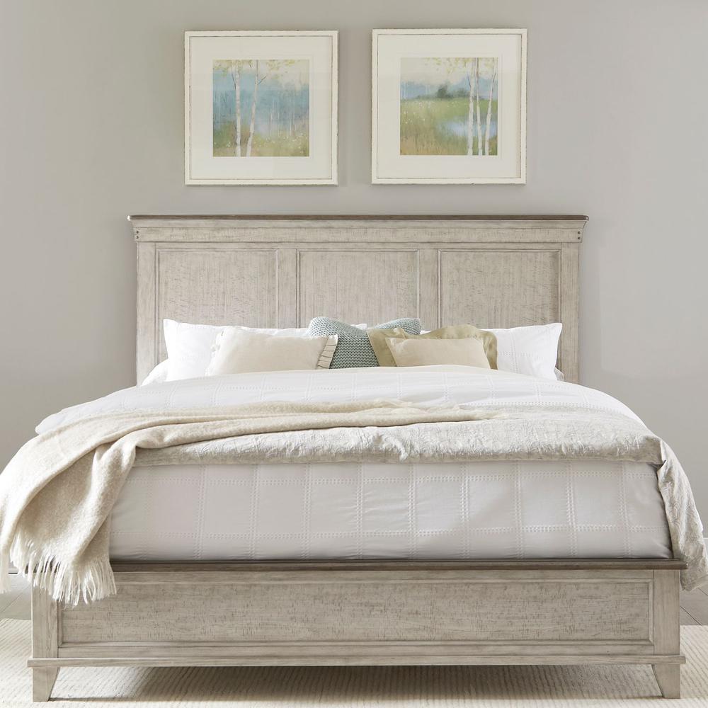 Ivy Hollow King Panel Bed in Weathered Linen Finish w/ Dusty Taupe Tops. Picture 6
