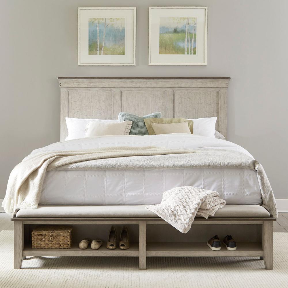 Ivy Hollow King Storage Bed in Weathered Linen Finish w/ Dusty Taupe Tops. Picture 1