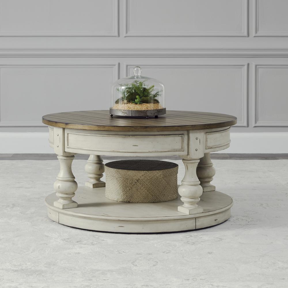 Round Cocktail Table Antique White w/ Wirebrushed Tobacco Accents. Picture 2