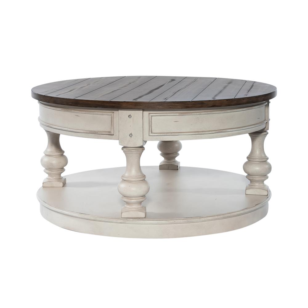 Round Cocktail Table Antique White w/ Wirebrushed Tobacco Accents. Picture 1