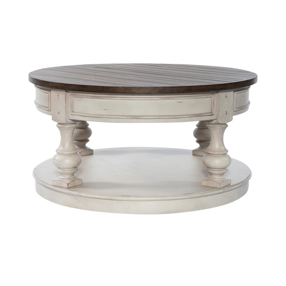 Round Cocktail Table Antique White w/ Wirebrushed Tobacco Accents. Picture 3