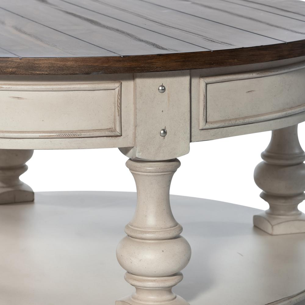 Round Cocktail Table Antique White w/ Wirebrushed Tobacco Accents. Picture 5