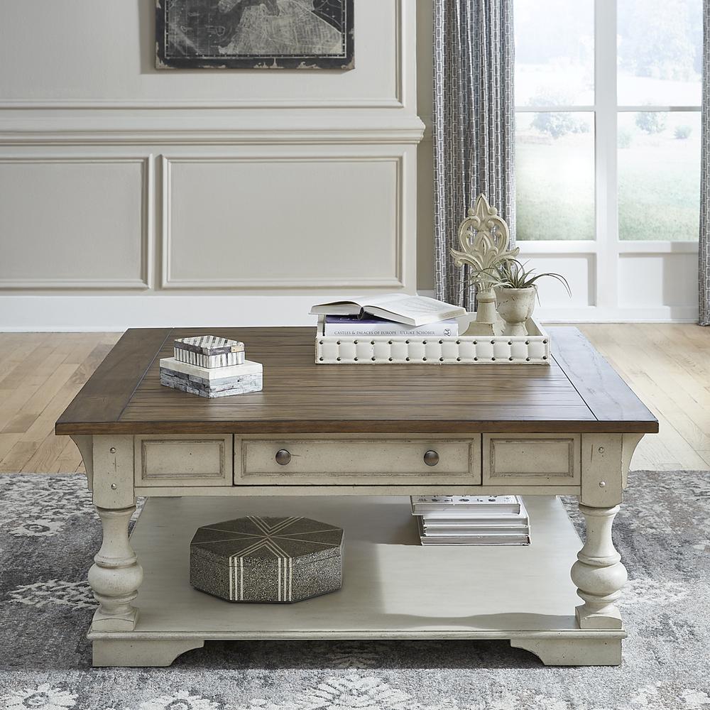 Drawer Square Cocktail Table Antique White w/ Wirebrushed Tobacco Accents. Picture 2